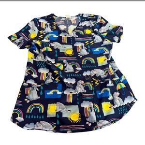 Disney Eeyore Rainbow Clouds Scrub Top Women's Medium V-Neck Short Sleeve